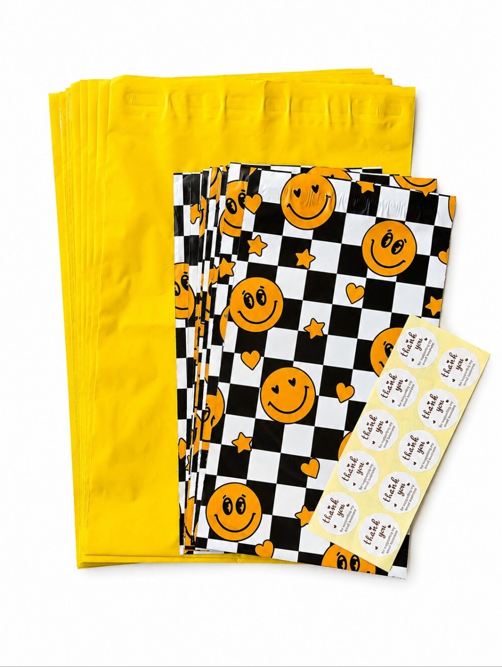 30pc Small Business Shipping Bundle Poly Mailers Yellow Smiley Face Stickers